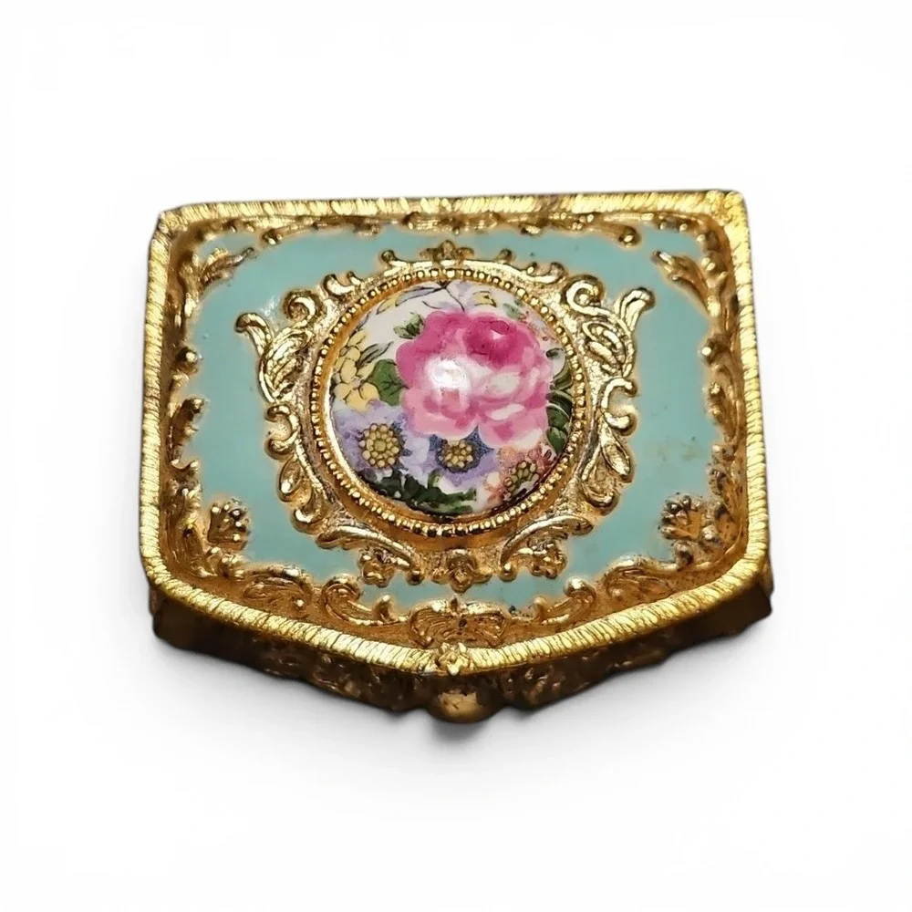 Vintage Japan Gold Tone Enamel Floral Porcelain Trinket Box Red Velvet Lining